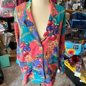 80s Vintage Ocean Seashell Themed Coral Pink Shiny Button Down Blouse Size 6